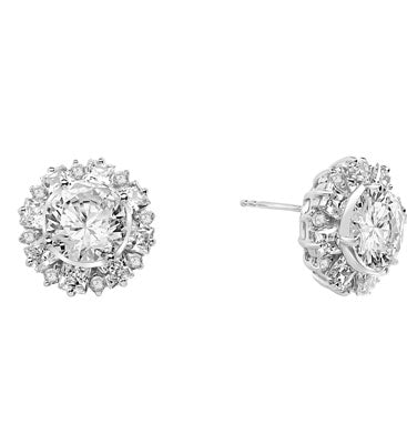 Designer Earrings With Round Brilliant Diamond essence in center surrounded by alternately set Princess and melee. 14.5 Cts T.W. set in Platinum Plated Sterling Silver.