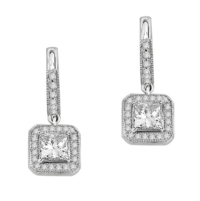 Designer Hoop Earrings with Princess Diamond Essence centerpiece, surrounded by Round Brilliant Melee. 2.25 Cts. T.W. set in Platinum Plated sterling Silver.