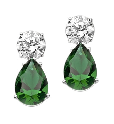 Prong Set Tear Drop Earrings with Artificial Pear Shape Emerald and Round Brilliant Diamonds by Diamond Essence set in Sterling Silver