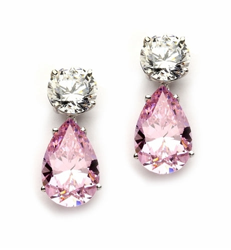 Best Selling Tear Drop Diamond Essence Earrings - White Brilliant Round Stone is 2 Ct and Pink Essence Pear Stone is 5 Ct. A Brilliant Sparkle of 14 Cts. T.W. for the pair of earrings! In Platinum Plated Sterling Silver.