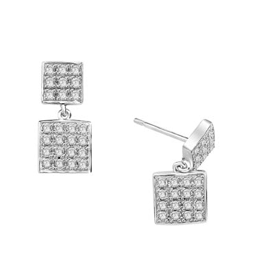 Square double dangle earrings set with round accents on both drops. 1.5 Cts. T.W. set in Platinum Plated Sterling Silver.
