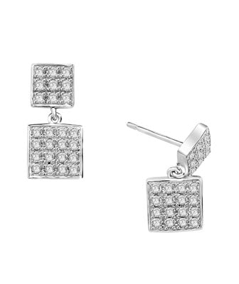 Square double dangle earrings set with round accents on both drops. 1.5 Cts. T.W. set in Platinum Plated Sterling Silver.