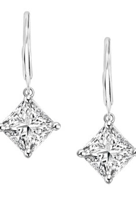Diamond Essence Lever Back Earrings with Princess Cut 8MM Masterpiece. The specially set Sterling Silver Earrings make for an Impressive 4 Cts. T.W.