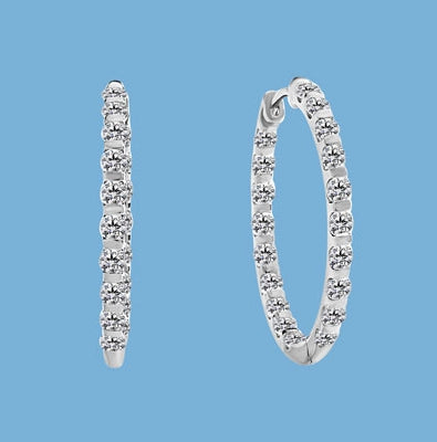 Large Inside Out Hoop Earring Set in Platinum Plated Sterling Silver displaying an exquisitely channel press set array of Diamond Essence Melee Glittering at 3 Cts. T.W. 1.5 Inch Diameter.