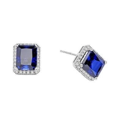 Sapphire Earrings - 4.0 Cts. Emerald cut Sapphire Essence set in center with sparkling Melee around. 8.5 Cts. T.W. set in Platinum Plated Sterling Silver.