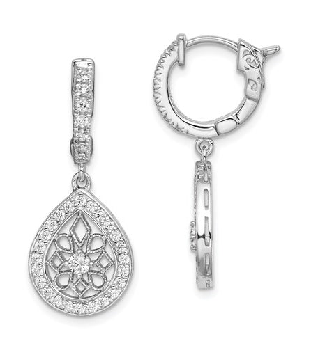 Beautiful drop earring, showing off 2.0 carat Diamond Essence Pear shape design, each surrounded by Diamond Essence melee. 2.0 cts.t.w. set in Platinum Plated Sterling Silver.