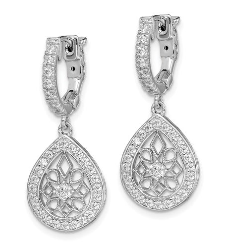 Beautiful drop earring, showing off 2.0 carat Diamond Essence Pear shape design, each surrounded by Diamond Essence melee. 2.0 cts.t.w. set in Platinum Plated Sterling Silver.