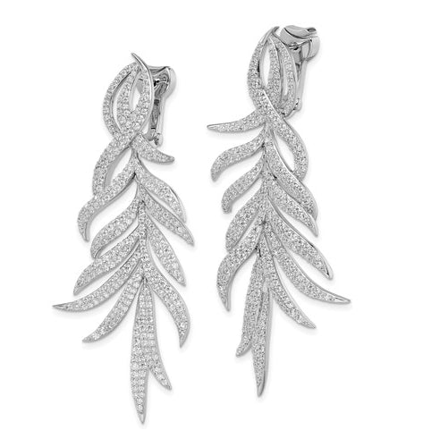 Leaf Designer Dangle Earrings with Simulated Round Brilliant Melee Diamonds by Diamond Essence set in Sterling Silver