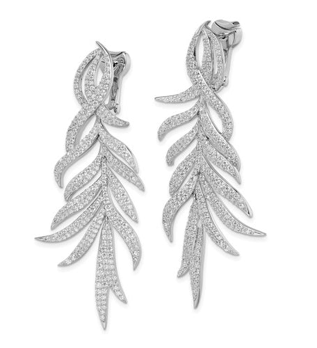 Leaf Designer Dangle Earrings with Simulated Round Brilliant Melee Diamonds by Diamond Essence set in Sterling Silver