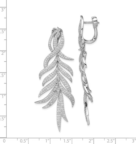 Leaf Designer Dangle Earrings with Simulated Round Brilliant Melee Diamonds by Diamond Essence set in Sterling Silver