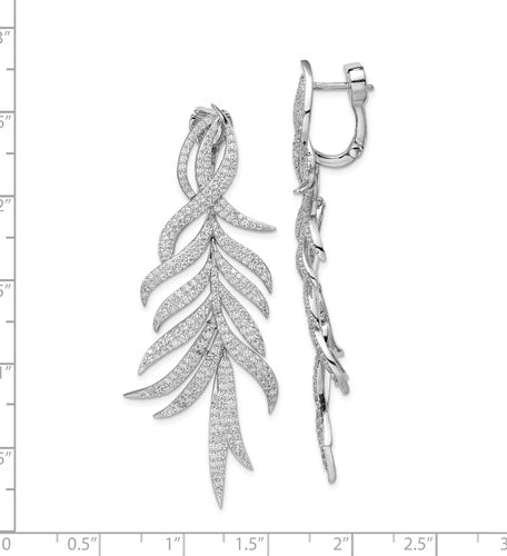 Leaf Designer Dangle Earrings with Simulated Round Brilliant Melee Diamonds by Diamond Essence set in Sterling Silver