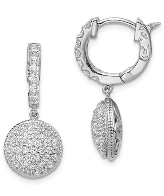 Pave Set Hinged Hoop Dangle Earrings with Artificial Round Brilliant Melee Diamonds by Diamond Essence set in Sterling Silver