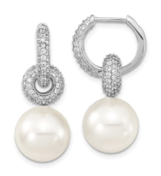 The prong set designer dangle earring for women with 12-13 mm synthetic pearl drop and simulated round brilliant melee by Diamond Essence set in platinum plated sterling silver.