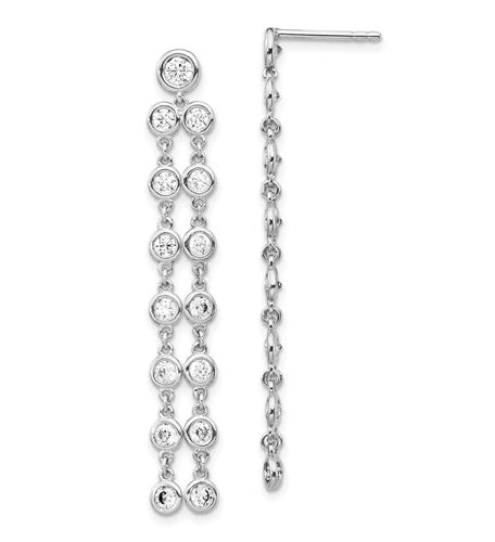 The classic and timeless bezel set dangle drop earrings for women with artificial round brilliant diamonds by Diamond Essence set in platinum plated sterling silver. 1.60 Cts.t.w.