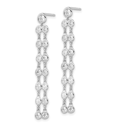 The classic and timeless bezel set dangle drop earrings for women with artificial round brilliant diamonds by Diamond Essence set in platinum plated sterling silver. 1.60 Cts.t.w.