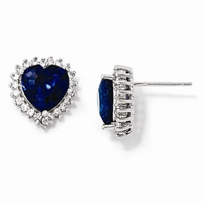 Platinum Plated Sterling Silver Diamond Essence Earrings With Sapphire Essence Heart In Center Surrounded By Round Brilliant Melee.