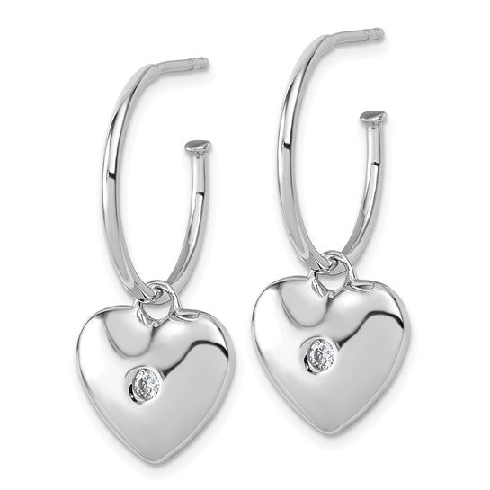 Pave Set Heart Post C-Hoop Earrings with Diamond Essence Melee in Platium Plated Sterling Silver