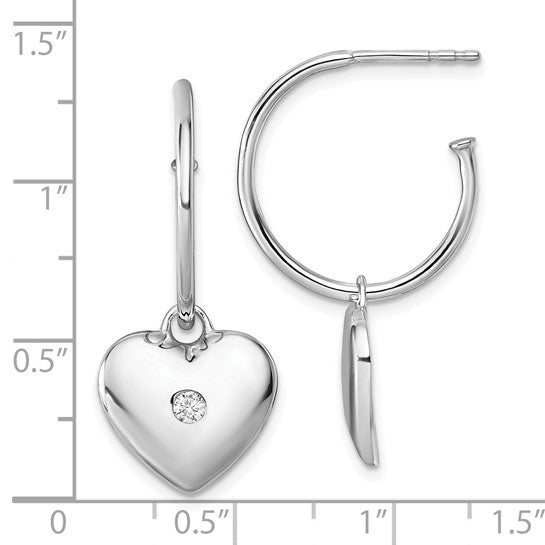 Pave Set Heart Post C-Hoop Earrings with Diamond Essence Melee in Platium Plated Sterling Silver
