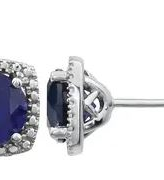 Designer Stud Earrings. One carat Sapphire Essence Round cut stone in four prongs setting and with Diamond Essence melee. 2.5 cts.t.w. in Platinum Plated Sterling Silver.