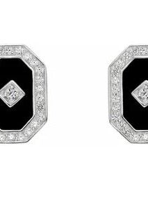 An extraordinary designer stud earrings with artificial onyx diamond and round brilliant diamond by Diamond Essence set in platinum plated sterling silver 7 Cts.t.w.