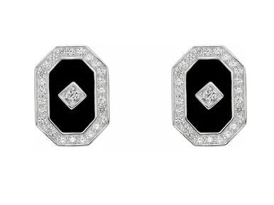 An extraordinary designer stud earrings with artificial onyx diamond and round brilliant diamond by Diamond Essence set in platinum plated sterling silver 7 Cts.t.w.