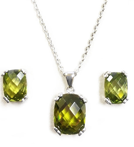 Diamond Essence Earring And Pendant Set With French Cut Dark Peridot Essence Stones In Platinum Plated Sterling Silver.