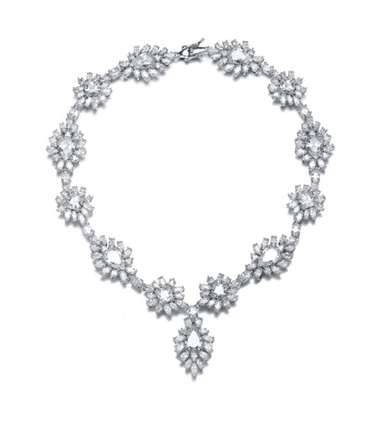 Diamond Essence 65 Cts.T.W Cocktail Necklace, with Brilliant Pear, Princess, Marquise and Oval stones In Platinum Plated Sterling Silver.