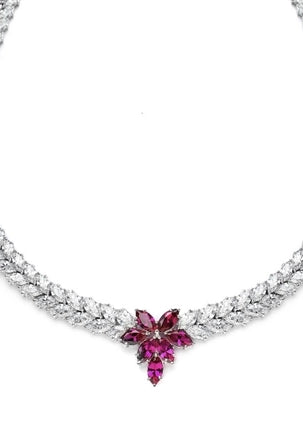 Designer Necklace with Marquise cut Ruby Floral in center and 2 rows of graduating Marquise Essence all around neckline. Appx. 72.0 Cts.t.w. set in Platinum Plated Sterling Silver.