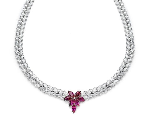Designer Necklace with Marquise cut Ruby Floral in center and 2 rows of graduating Marquise Essence all around neckline. Appx. 72.0 Cts.t.w. set in Platinum Plated Sterling Silver.