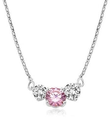 Pink Essence stone accompanied by Diamond Essence stones on each side to make delicate but stunning looking necklace,Platinum Plated Sterling Silver. 4.0 cts. T.W. on 16 inch Silver Chain.