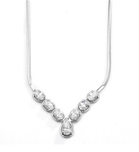 Classic combination of Diamond Essence Oval cut and Pear cut stones set in Platinum Plated Sterling Silver. Necklace suitable for any occasion.