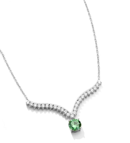 Supreme Necklace that is sure shot eye candy! 2.0 Cts. Round Emerald Essence Dangler atones a curvy melee of Round Brilliants set exquisitely in an Art Deco Setting! 3.50 Cts.T.W. attached with Chain in Platinum Plated Sterling Silver.