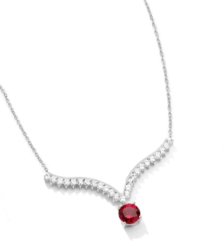 Supreme Necklace that is sure shot eye candy! 2.0 Cts. Round cut Ruby Essence Dangler atones a curvy melee of Round Brilliants set exquisitely in an Art Deco Setting! 3.50 Cts.T.W. attached with Chain in Platinum Plated Sterling Silver.
