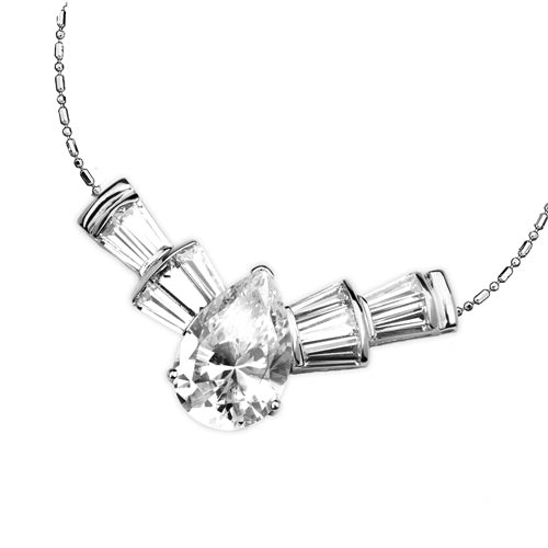 Astonish everyone with this magnificent display of 7.25 Cts. Pear cut Diamond Essence in Center, with 5 lovely baguettes tapering on each side. Marvelous! 10.0 Cts.T.W. attached with Chain in Platinum Plated Sterling Silver.