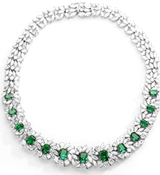 Prong Set Designer Necklace with Simulated Emerald Cut Emerald, Pear, Marquise Essence and Round Brilliant Diamonds by Diamond Essence set in Sterling Silver