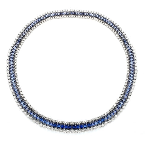 Prong Set Designer Necklace with Artificial Marquise Cut Sapphire Essence and Round Brilliant Diamonds by Diamond Essence set in Sterling Silver