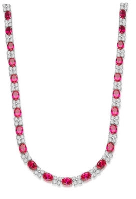 Diamond Essence Designer Necklace with 1.25 cts. Oval Ruby Essence and Round Diamond Essence Stones. Appx. 72.00 Cts. T.W. set in Platinum Plated Sterling Silver.