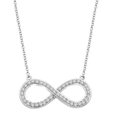 Prong Set Infinity Necklace with Artificial Round Brilliant Melee Diamonds by Diamond Essence set in Sterling Silver