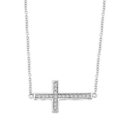 East-West Cross Necklace with 16" long attached chain and 0.25 ct.t.w. Diamond Essence Melee, in Platinum Plated Sterling Silver.