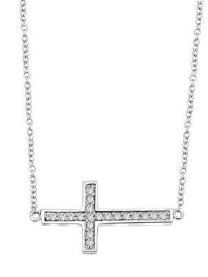 East-West Cross Necklace with 16" long attached chain and 0.25 ct.t.w. Diamond Essence Melee, in Platinum Plated Sterling Silver.