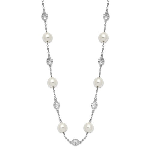 A stunning bezel-set necklace for women with 12 simulated pearls and 11 artificial round brilliant Diamonds by Diamond Essence set in platinum plated sterling silver. 2.75 Cts.t.w. 7.86 mm width