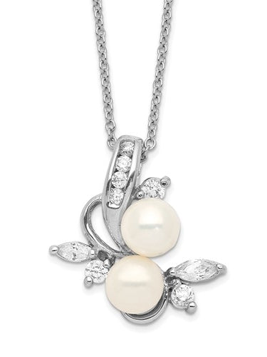 Diamond Essence Round Brilliant Melee, marquise stones and Pearl Pendant, 1.20 Ct.T.W. in Platinum Plated Sterling Silver. Chain Included.