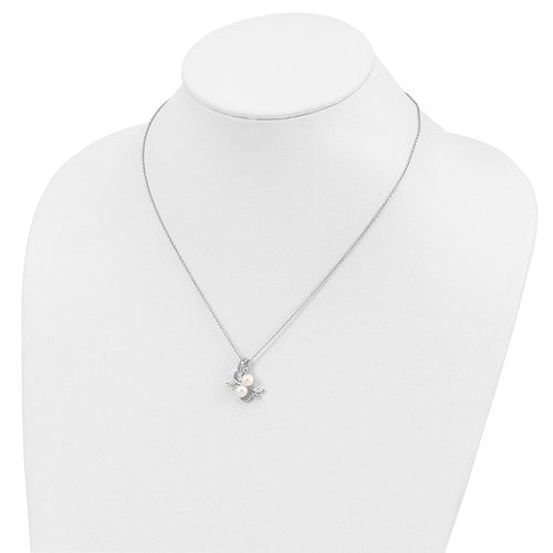 Diamond Essence Round Brilliant Melee, marquise stones and Pearl Pendant, 1.20 Ct.T.W. in Platinum Plated Sterling Silver. Chain Included.