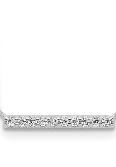 Beautiful and delicate bar necklace with simulated round brilliant diamond essence stones set in platinum plated sterling silver, 0.5 cts.t.w. Dazzle with this delicate sparkle in your neck all day long.