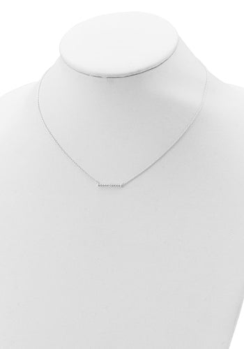 Beautiful and delicate bar necklace with simulated round brilliant diamond essence stones set in platinum plated sterling silver, 0.5 cts.t.w. Dazzle with this delicate sparkle in your neck all day long.