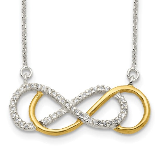 Prong set Infinity Necklace with Round Brilliant Diamond Essence stones in Platinum Plated Sterling Silver