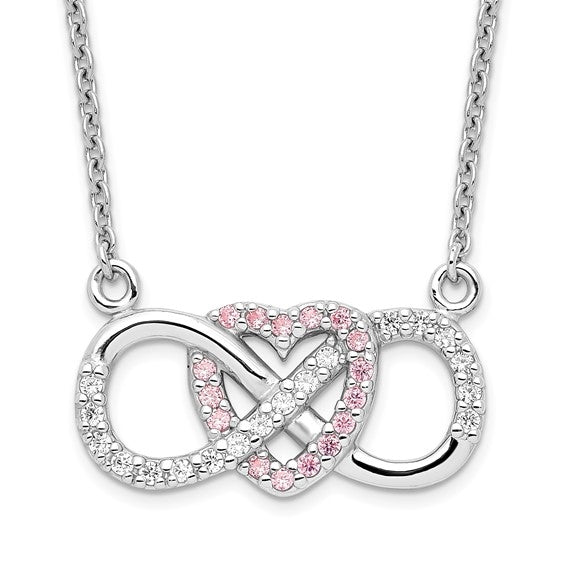 Prong Set Diamond Essence Round Diamond and Pink Melee Stones Set in Platinum Plated Sterling Silver Heart Necklace