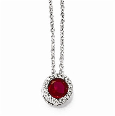 Platinum Plated Sterling Silver Diamond Essence Necklace With Round Brilliant Ruby Essence Center Escorted By Brilliant Melee.