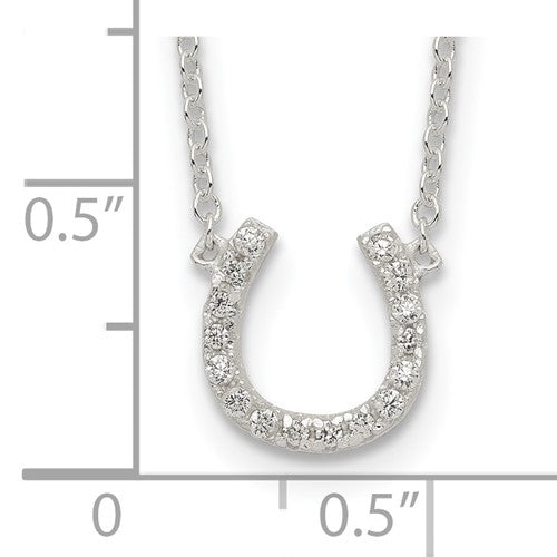 Bring The Luck with this beautiful Horseshoe necklace of Diamond Essence Round Brilliant Melee, 0.50 cts.t.w. set in Platinum Plated Sterling Silver and attached with a 16" long chain with 1" extension.