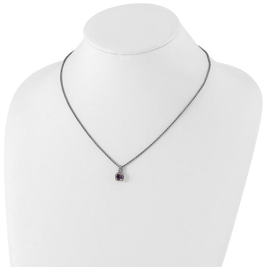 Sterling Silver with 14K Accent 18 Inch Antiqued Cushion Amethyst Essence Necklace